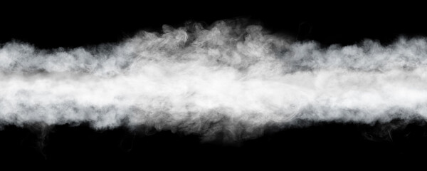 Fog, cloud, smoke isolated on wide black background. White cloudiness, mist or smog background.