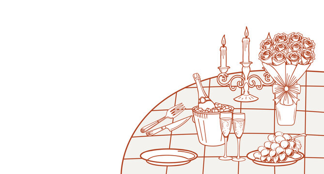 Romantic dinner poster. Banner with champagne, candles and roses on table for birthday or wedding invitations. Hand drawn sketch illustration.