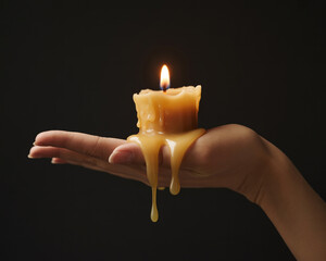 A dramatic close-up photograph captures a partially melted beeswax candle resting delicately in the center of a woman’s outstretched hand