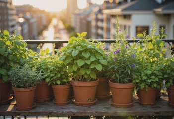 Lush potted herbs and flowers on a balcony during sunset