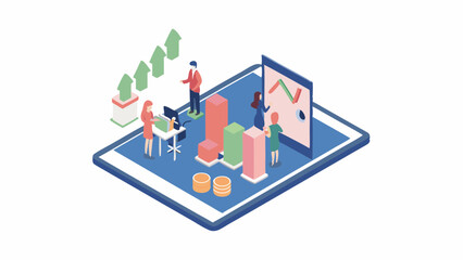 Obraz premium Isometric view of business people interacting with data on a large tablet with upward trending arrows