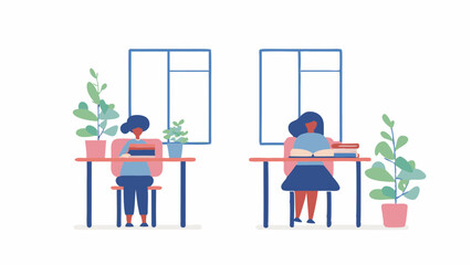 Two women sitting at desks reading books near windows with plants in pots in a bright room setting