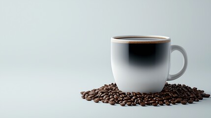 A ceramic mug filled with dark coffee, surrounded by coffee beans on a light background