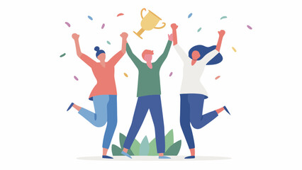 Three people celebrating with a trophy and confetti falling down in a joyful and victorious scene
