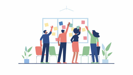 Group of people collaborating and placing sticky notes on a board in a bright office space setting
