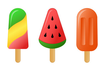 Set of colorful ice cream with watermelon and fruit flavors, isolated on a transparent background. Bright vector illustration of a summer dessert