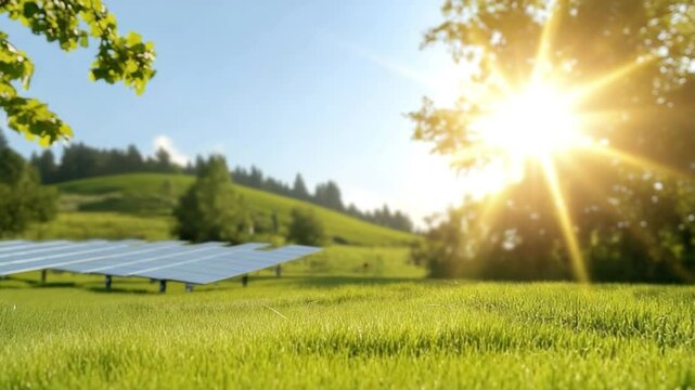 Solar Energy in Harmony: A serene tableau of solar panels seamlessly integrated into a verdant landscape, harnessing the sun's boundless energy with a message of sustainability.