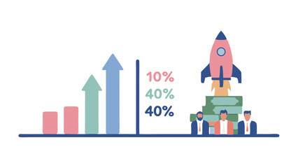 Fototapeta premium Illustration of a rocket launching from money stacks with business people and a rising bar graph showing growth