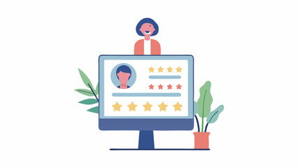 Illustration of a woman behind a computer screen showing a profile with star ratings and plants around it