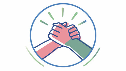 Illustration of two hands clasped together inside an oval frame with radiating lines above and below them