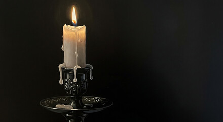 Glowing Candle on Dark: An intimate scene with a single candle flame illuminating a candlestick, casting a warm, inviting light against a dark backdrop. Evoking a sense of calm, mystery.