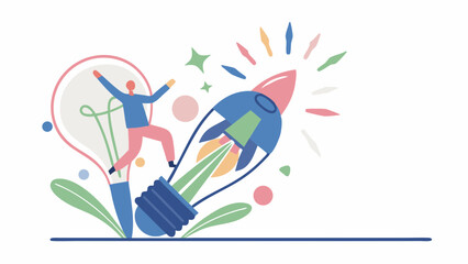 Illustration of a person riding a rocket inside a lightbulb with colorful sparkles and decorative leaves