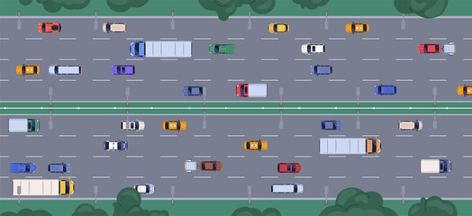Highway traffic, top above aerial view. Multi-lane road with car and truck vehicles from overhead. Busy urban auto transport flow. Roadway, driving in different directions. Flat vector illustration