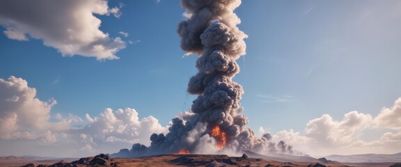 Immense smoke column against vibrant blue sky over expansive terrain , smoke plume,  wildfire
