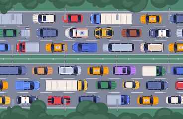 Traffic jam on multi-lane highway, top down view. Cars and trucks on multilane road, busy overloaded city street. Auto vehicles, ambulance and police transport in congestion. Flat vector illustration