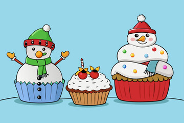 Cupcakes decorated as Santa Claus and snowmen vector illustration