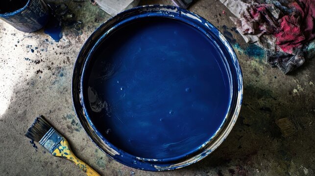 A large round metal paint can, half filled with thick, glossy, dark blue paint, the surface completely still but with visible signs of recent stirring, small air bubbles and barely noticeable swirls.