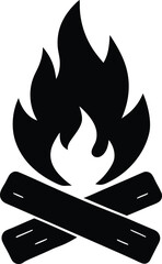Bold Black Campfire Silhouette with Crossed Logs and Flame Minimalist Summer Design