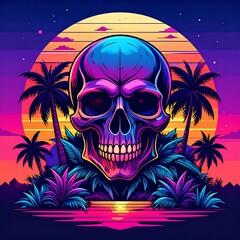 Synthwave Skull Neon Beach Sunset