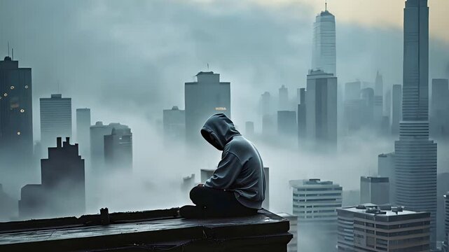 Lonely Person in Hoodie Sitting on Rooftop Overlooking Foggy Cityscape of Skyscrapers and Towers