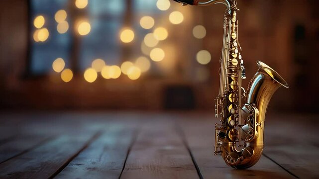 Golden saxophone on wooden stage backdrop and shimmering lights, jazz scene