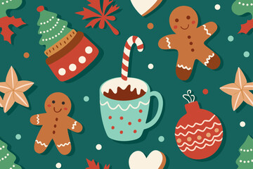 Naklejka premium Gingerbread cookies and hot cocoa pattern vector illustration