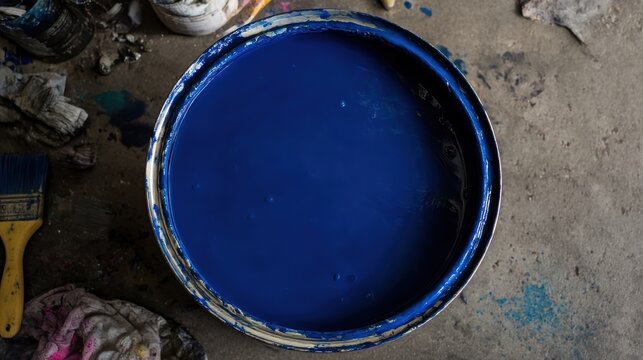 A large round metal paint can, half filled with thick, glossy, dark blue paint, the surface completely still but with visible signs of recent stirring, small air bubbles and barely noticeable swirls.