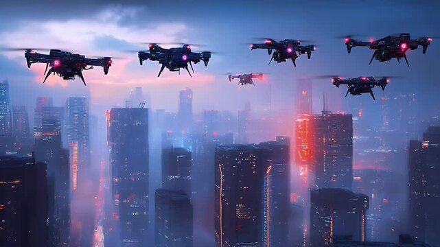 AI drone swarm in futuristic sky