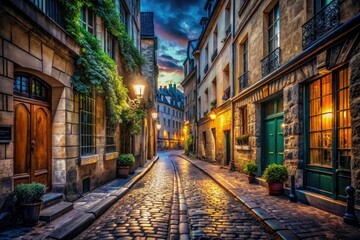 Obraz premium Night Tiles, Parisian Alleyway, Cobblestone Street, 17th Century Architecture, Dark, Moody, Night Photography, Urban Exploration, Grunge, Detailed Texture.