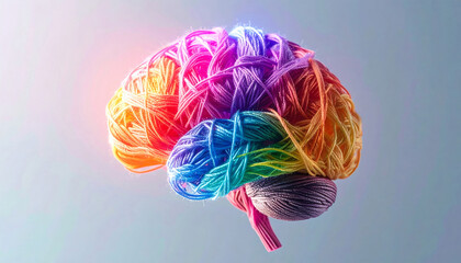 Creative brain concept. Vivid, colorful yarn forms a human brain shape. Represents intelligence, ideas, innovation, and mental health. Ideal for psychology, education, art.