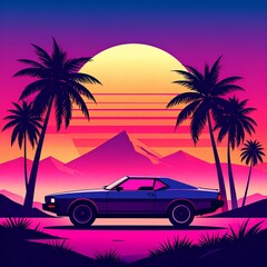 Synthwave Ride Palms Sunset and Mountains
