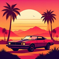 Sunset Cruise Classic Car Palms Retro Vibes
