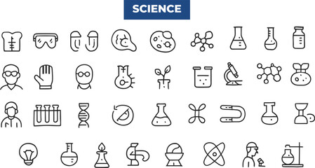 Science Icon Pack – Thin line, editable stroke vector set for physics, chemistry, biology, scientific research, and educational labs.