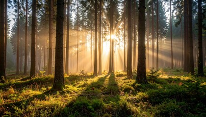 Misty forest background at sunrise, with light rays piercing through the tall pine trees, dreamy and tranquil atmosphere, high resolution, natural tones, wide format"