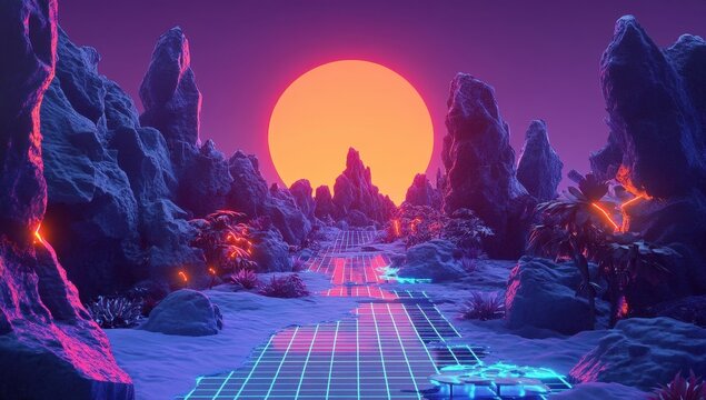Synthwave landscape with glowing rocks, sun, and path - Powered by Adobe