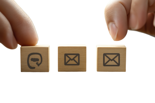 Contact us options. Hands interacting with wooden blocks displaying communication icons chat, email, email