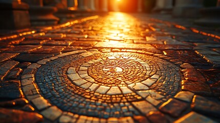 Golden sunset illuminating ancient cobblestone pathway with intricate mosaic design