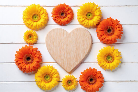 gerbera daisies and a wooden heart on a white wooden background