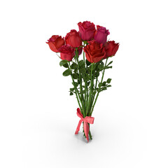 Bouquet of Red and Pink Roses with Ribbon Isolated on White Background