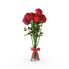 Bouquet of Red and Pink Roses with Ribbon Isolated on White Background