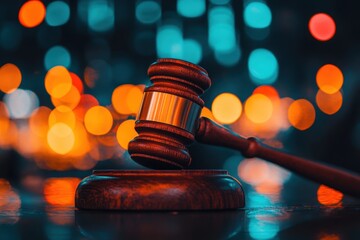 Wooden gavel on stand, bokeh background
