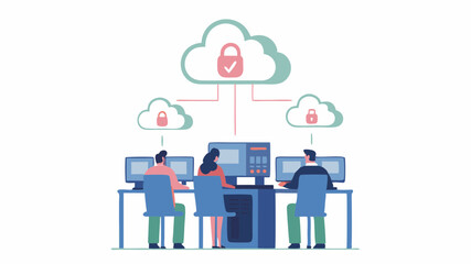 Three people working on computers connected to a cloud network with security and data protection features