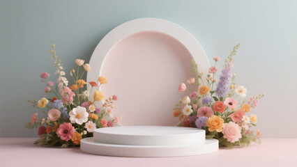 Photo of White podium adorned with colorful floral arrangements against a soft pastel colored background