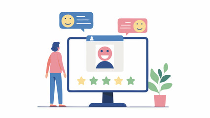 Person viewing a profile with five stars on a computer screen with speech bubbles and a potted plant