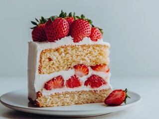 A close-up of a slice of light, fluffy strawberry cake with fresh strawberries on top. 