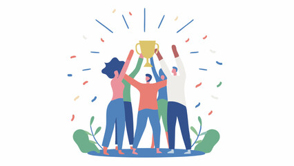 Illustration of a group of people holding a golden trophy with confetti falling around them in celebration