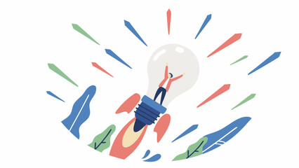 Illustration of a lightbulb rocket with a person inside surrounded by colorful rays and foliage