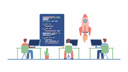 Three developers coding at computers with a rocket launching in the background and code on screen near them