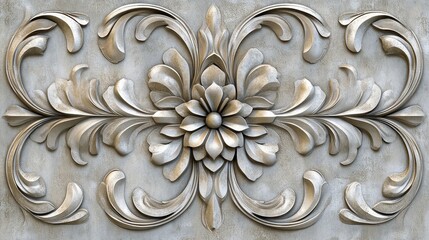 Ornate, three-dimensional floral relief design in light gray.