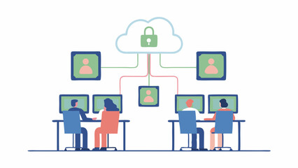 People working at computers connected to a secure cloud network with user profiles displayed on screens around it
